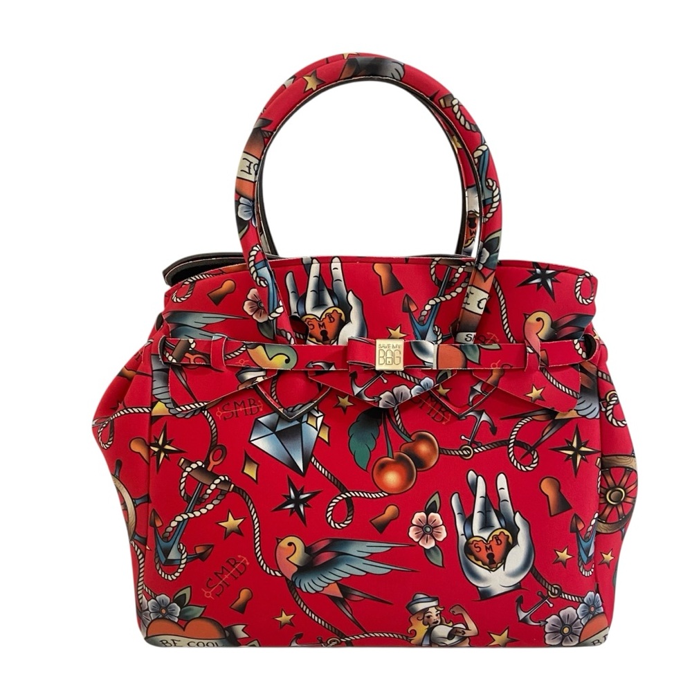 Save My Bag Red Tattoo-Print Designer Satchel With Bow Detail Lightweight Handle